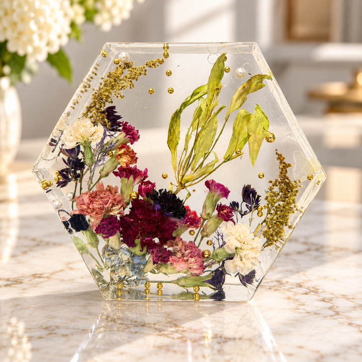 Hexagon 3D Preserved Flower Resin Block