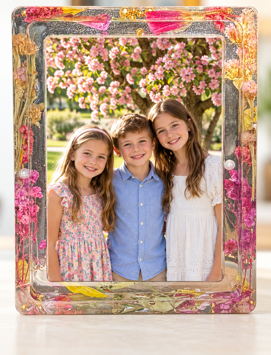 Floral resin photo frame with family photograph