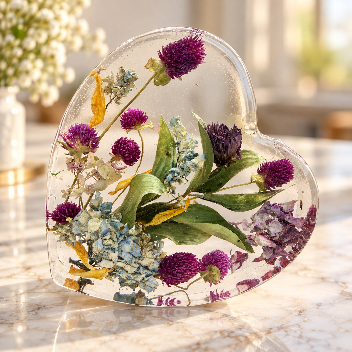 Heart 3D Preserved Flower Resin Block