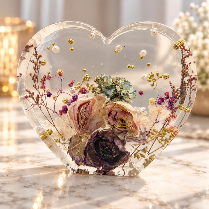 Heart 3D Flat Bottom Preserved Flower Resin Block
