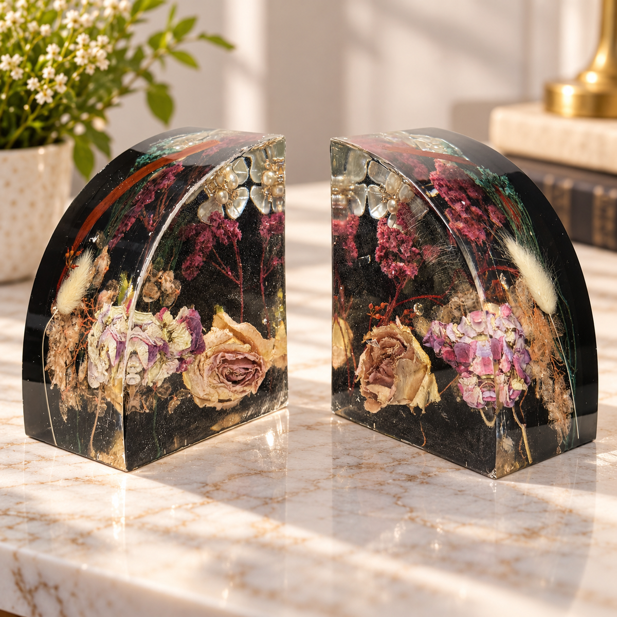 Book Ends 3D Preserved Flower Resin Block