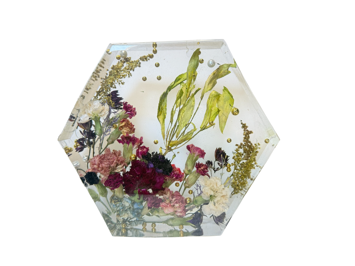 Hexagon 3D Preserved Flower Resin Block