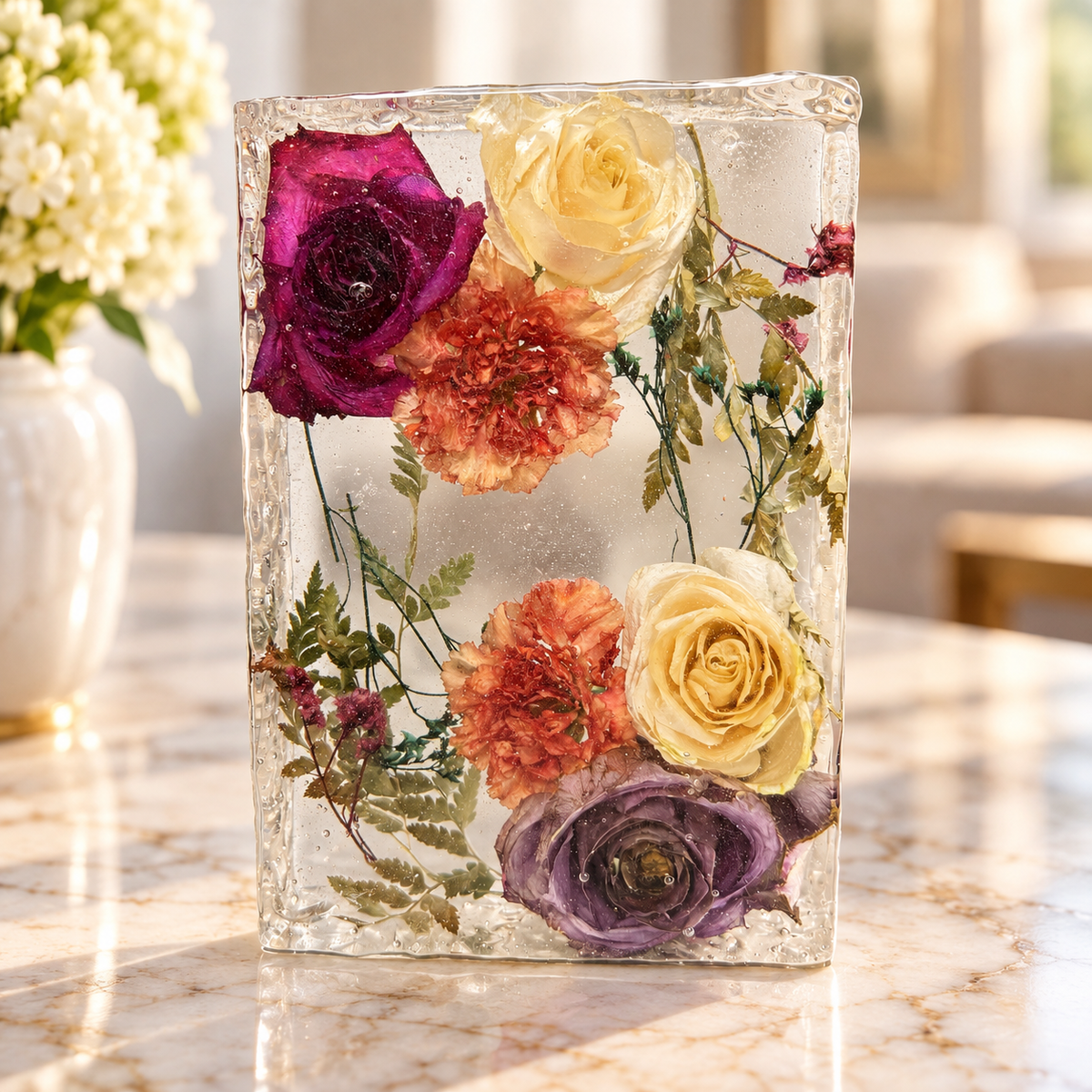 Rectangle 3D Preserved Flower Resin Block
