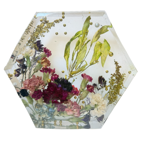Hexagon 3D Preserved Flower Resin Block