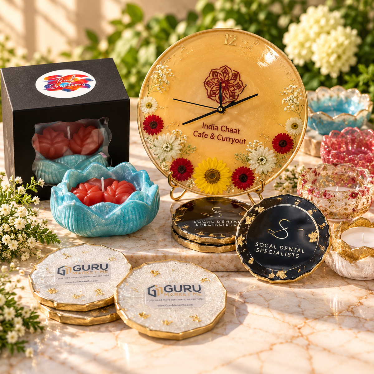 Custom branded resin coasters, floral clock and handcrafted event gifts by Rad Creations