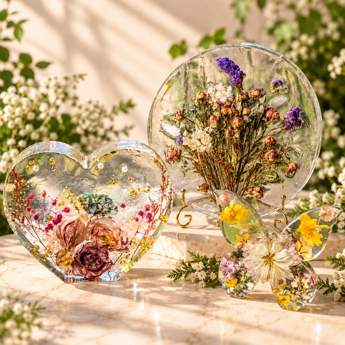 Flower preservation heart, round floral plaque and butterfly resin keepsakes