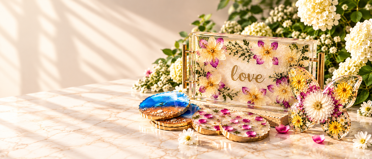 Custom floral resin tray, coasters and butterfly arranged on marble with flowers