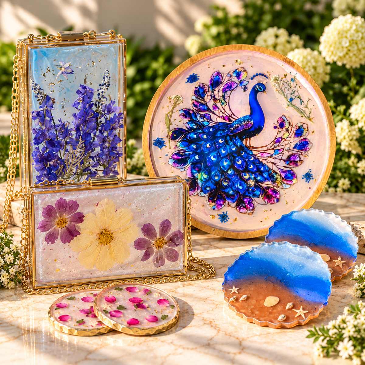 Handcrafted resin peacock art, floral purses and decorative coasters for personalized gifts and keepsakes